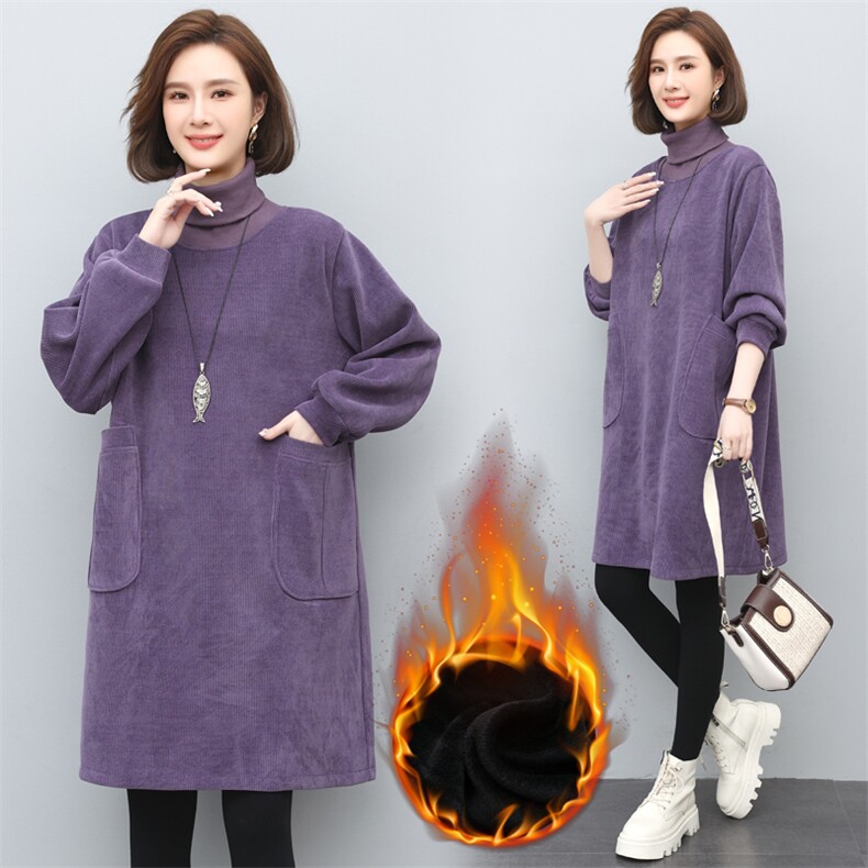 灯芯绒连衣裙秋冬女士2023新款韩版宽松中长款加绒加厚高领卫衣裙,女装连衣裙,涵誉