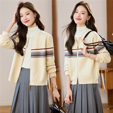 撞色针织开衫女2025新款厚款秋洋气外搭上衣短款毛衣拉链外套，女装连衣裙，艾米