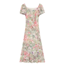 2025春季新款泡泡袖碎花连衣裙法式方领度假荷叶边鱼尾长裙M，女装连衣裙，艾米