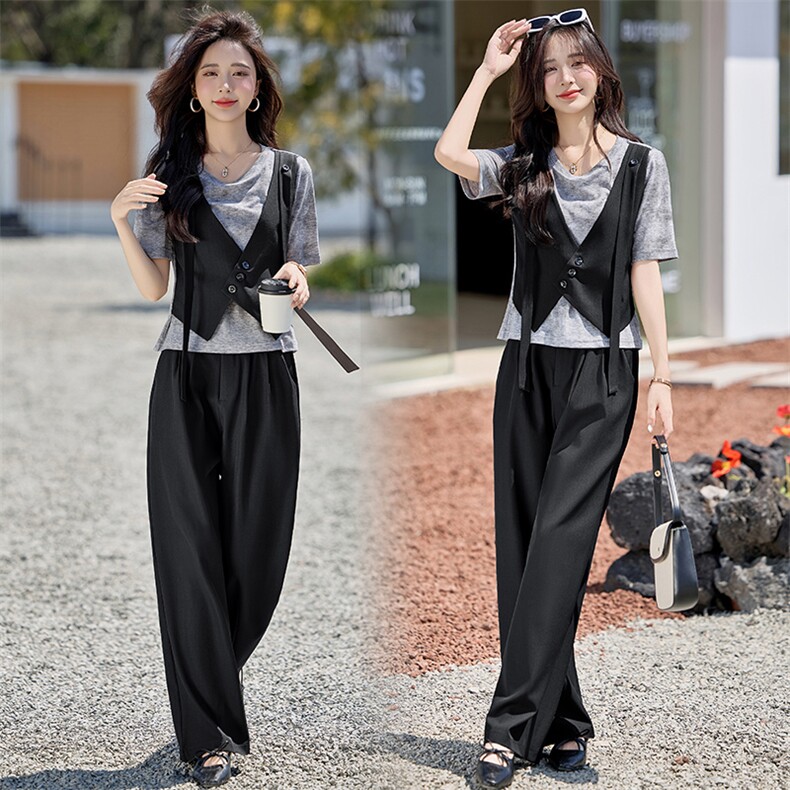 （现货）时尚套装女气质通勤T恤拼接背心马甲阔腿裤工装两件套，女装套装/套裙，韩蔻秀