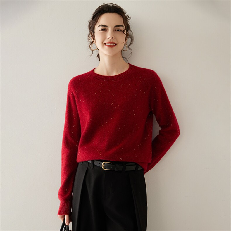 珠片纱织！七针单股baby小山羊绒衫女圆领针织衫内搭套头宽松毛衣，女装羊绒衫，轩妮羊绒