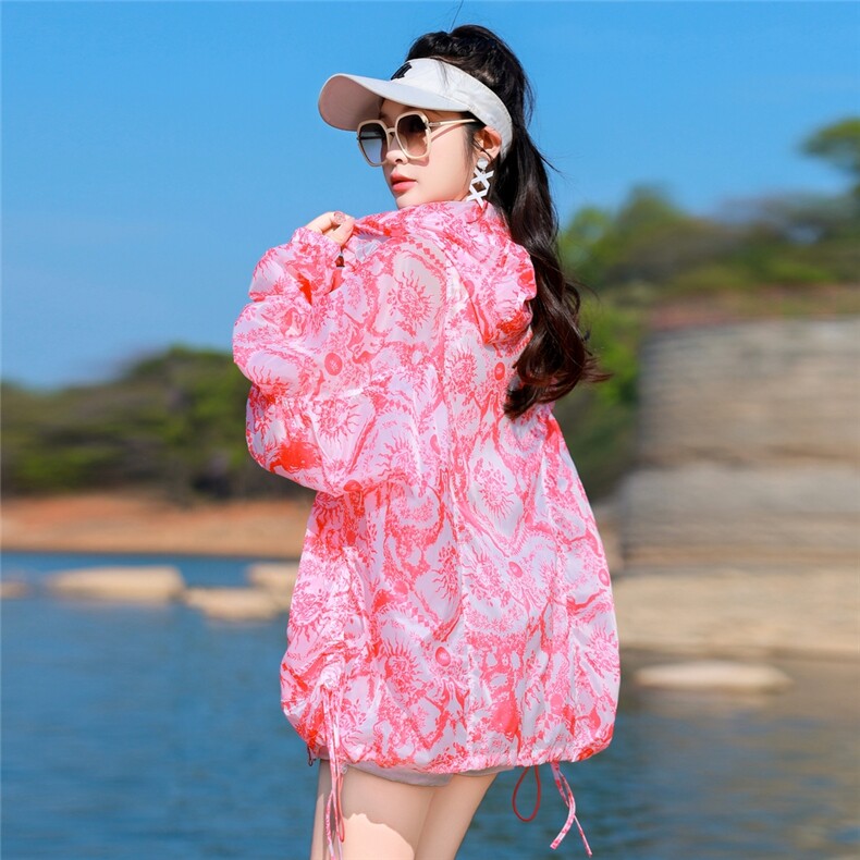 薄外套女中长款2025夏季新款时尚印花连帽户外遮阳棒球服长袖上衣，女装防晒衣，可可小西