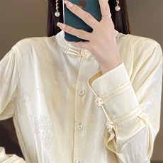 春装新款丝滑缎面衬衫女长袖立领盘扣提花新中式，女装衬衫，绒宛羊绒