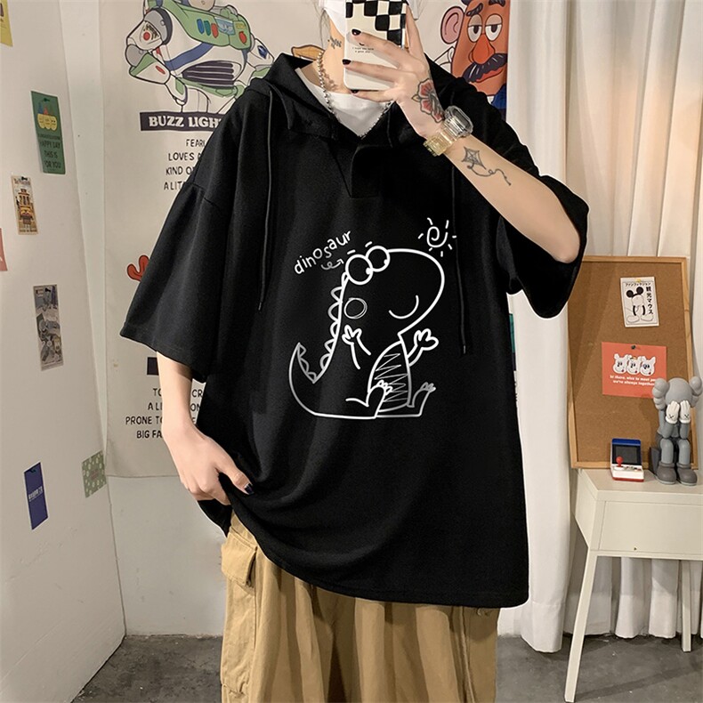 LD54172-P45连帽短袖t恤男大码胖子带帽五分袖中袖海报风,男装T恤,电商A040