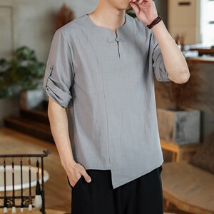 风夏 盘扣宽松短袖休闲T恤男汉服大码七分袖上衣男 M139 P40图片