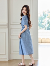 天丝亚麻连衣裙女2025夏季新款宽松V领高级感爆款中长款薄裙子，女装连衣裙，素月
