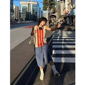 潮牌美式拼色条纹针织坎肩背心男撞色无袖图片