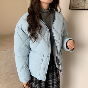W606-P75 2025韩系圆领棉衣外套女冬季复古格子拼接小个子棉服图片