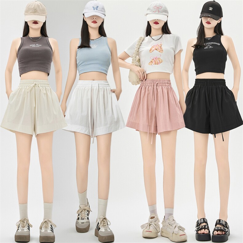 短裤2024新款夏季薄款肌理感休闲裤高腰宽松A字阔腿裤子女装，女装短裤/热裤，梦白服饰厂
