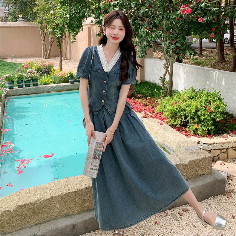 时尚韩系牛仔裙女2025年夏季新款泡泡袖v领上衣半身裙,女装连衣裙,维壹