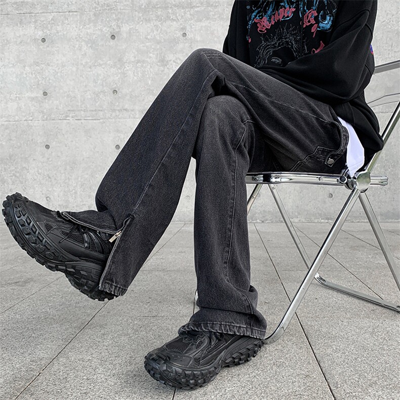 牛仔裤男2024春季潮牌高街vibe做旧水洗直筒裤宽松直筒微喇裤图片