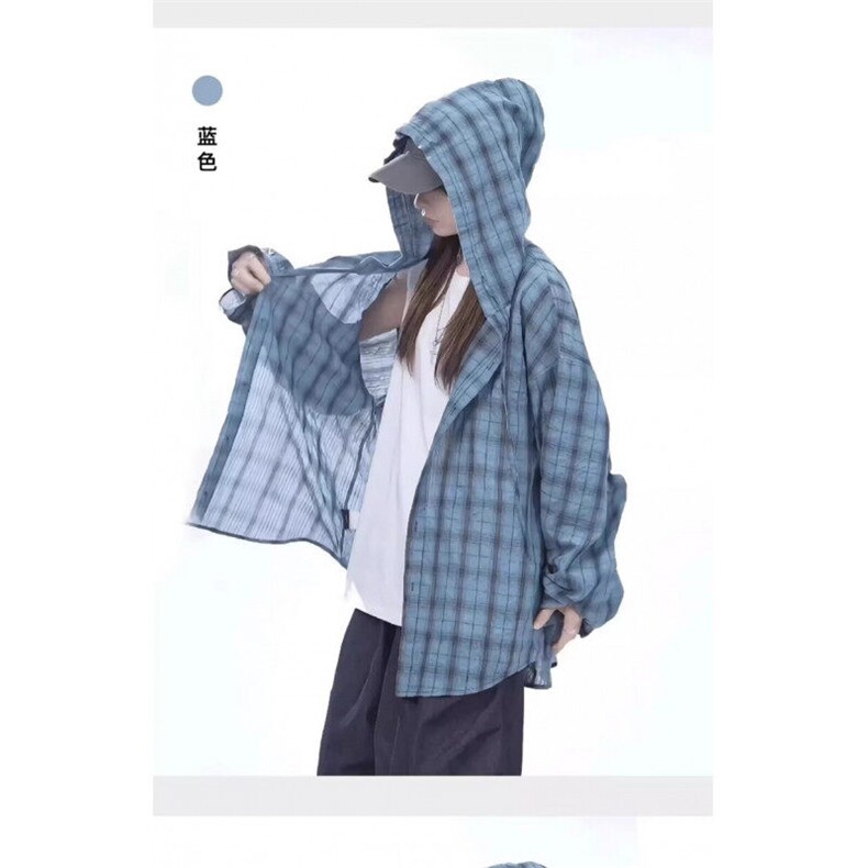 夏季美式格纹防晒连帽男女慵懒风防晒衬衣情侣长袖薄外套1000p38图片