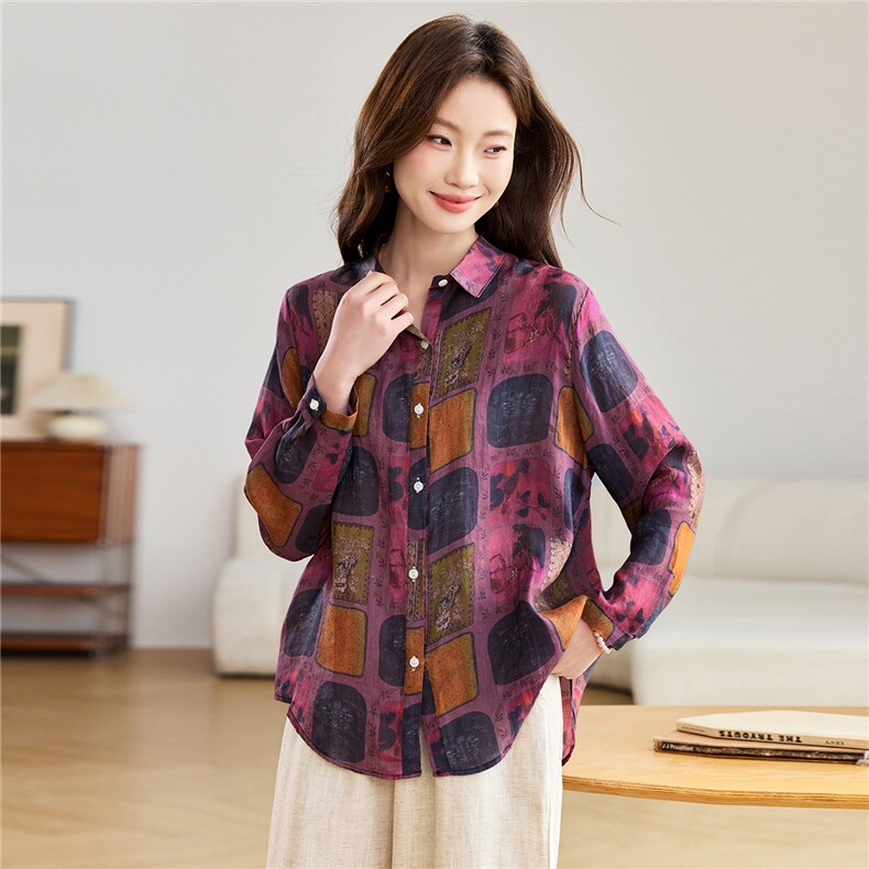 苎麻衬衫女长袖2026新款春夏季薄款印花宽松休闲减龄，女装衬衫，忆绮罗