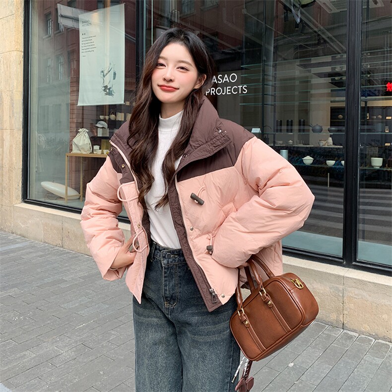 韩版时尚撞色立领加厚羽绒服女2025年冬季新款显瘦保暖白鸭绒外套图片