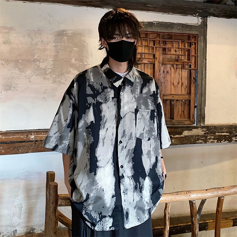 特批P25无差价夏季风水墨画凉感大码冰丝宽松短袖衬衫男CD894,男装衬衫,电商A001-1