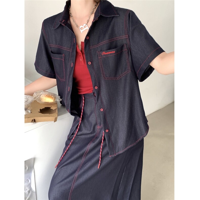 （新款现货）2026夏装短袖大版宽松明线天丝牛仔套装两件套,女装套装/套裙,印象茜