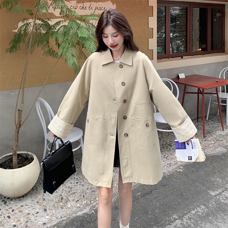 蕾丝拼接翻领风衣外套女春秋中长款高级感学院风减龄法式大衣夹克,女装风衣,浙宝212A