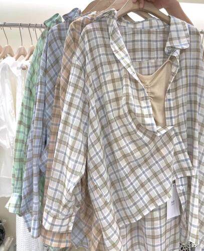 现货超薄防嗮格子衬衫/泡泡袖肌理小衫/打揽压皱背心裙，女装衬衫，东町