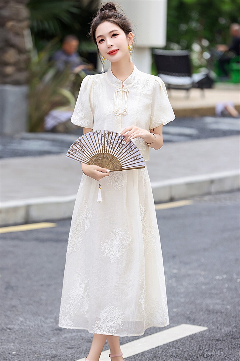 时尚新中式连衣裙女套装夏季新款遮肚显瘦减龄国风刺绣半裙两件套,女装套装/套裙,尚洛菲