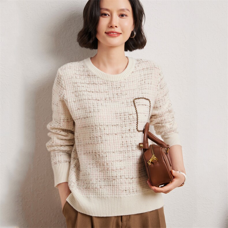 时尚女士圆领金豆彩丝羊绒套衫优雅百搭显瘦保暖毛衣,女装羊绒衫,臻维羊绒