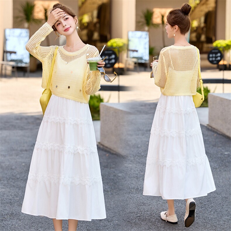 白色吊带连衣裙2025春夏新款韩系独特漂亮超火减龄黄色度假套装裙，女装套装/套裙，意芙