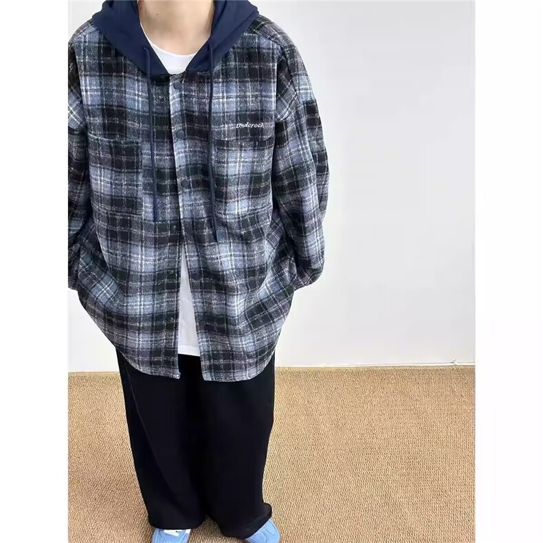 美式假两件格子连帽长袖衬衫夹克男女秋季宽松慵懒休闲衬衣外套,男装夹克,星座506A