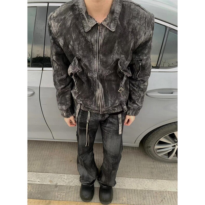 春秋季小众复古做旧牛仔夹克外套废土拉链大口袋JK8957,男装夹克,星座1116A（原606A-3）
