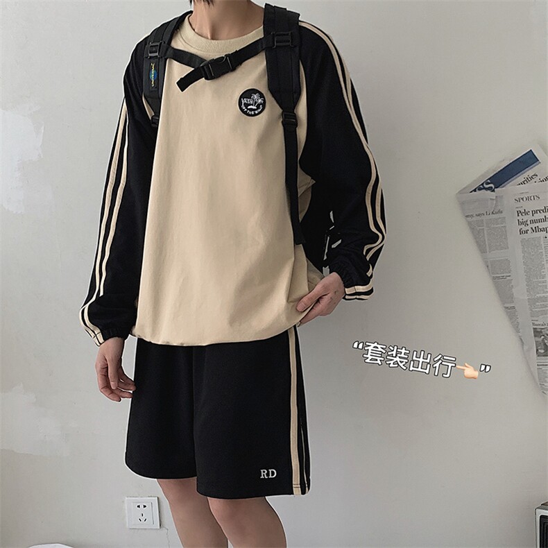 运动休闲短裤套装男宽松韩版帅气网红两件套短裤防晒长袖K56P65,男装休闲裤,电商A102B