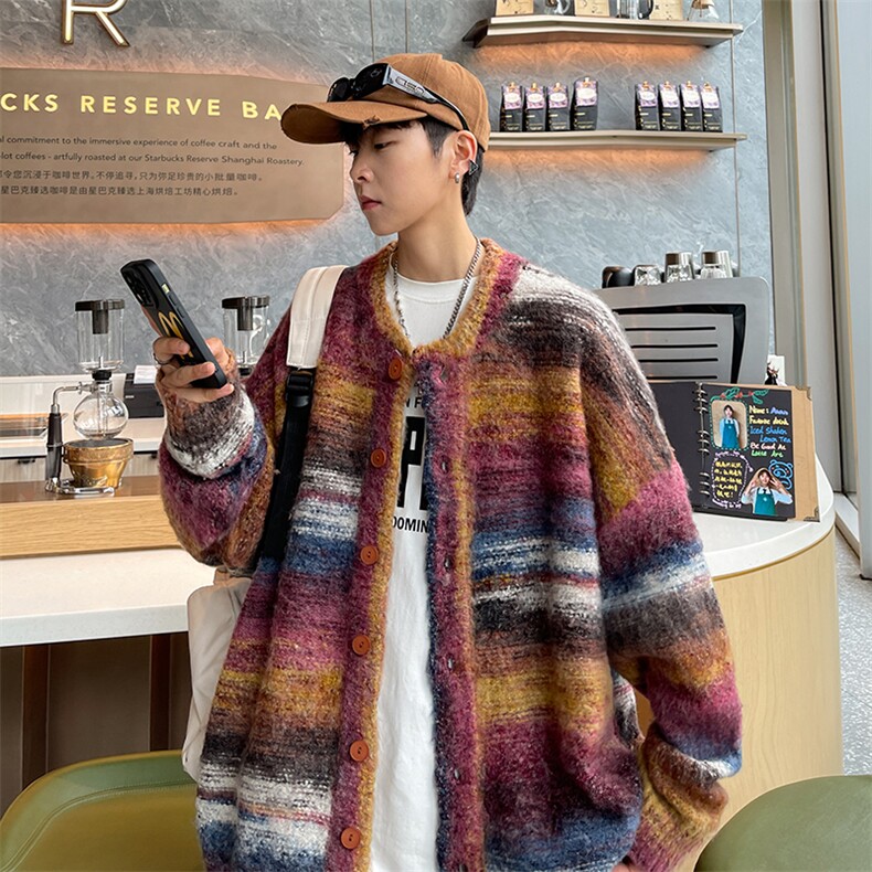 秋款男开衫毛衣条纹针织衫单排扣渐变扎染外套M321P70,男装针织衫/毛衣,星座1013-1