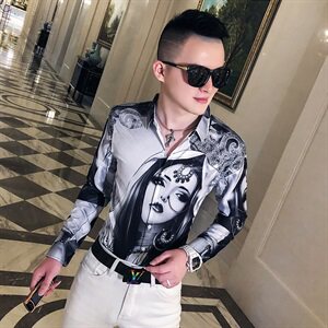 2021春秋衬衫社会男长袖上衣印花男装韩版修身四季潮流衬衣Q624-P55图片