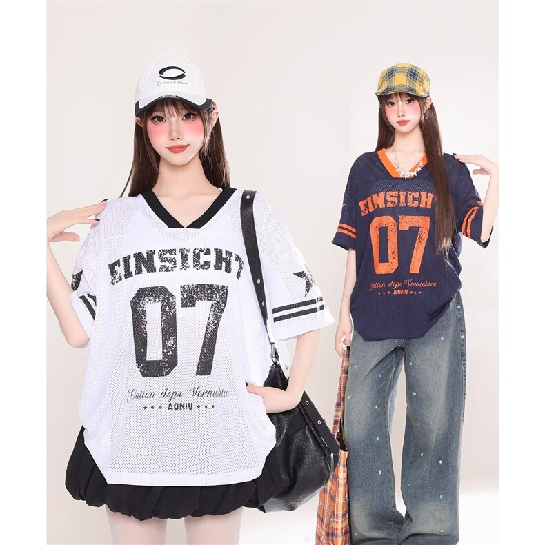 T199-P36美式街头复古V领7号球衣短袖夏季透气网眼篮球运动T恤，女装T恤，电商B323A