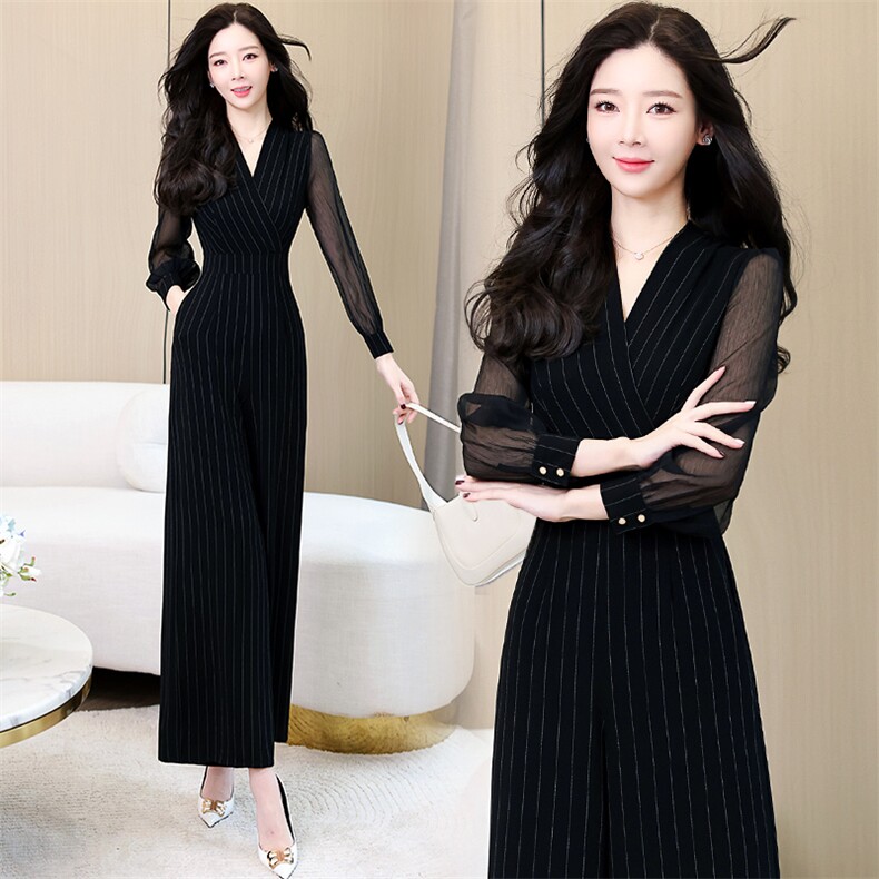 高端条纹真丝长袖连体裤女2025年春秋新品修身高腰长款阔腿裤,女装连体裤,米雪儿
