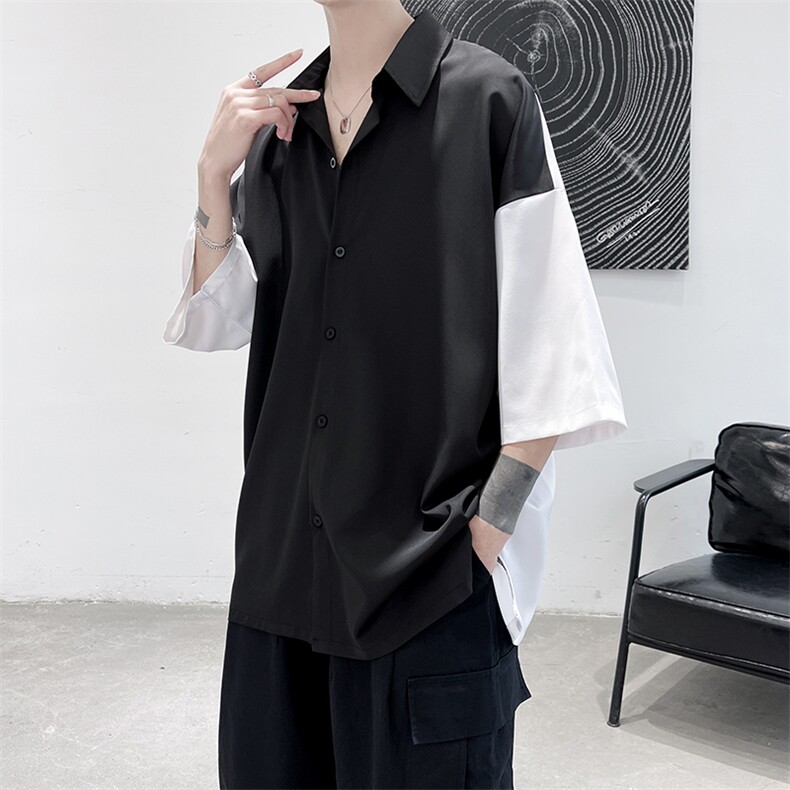 新款夏季禁欲风短剧拼接男士撞色短衬衫A071-C12-P35，男装衬衫，电商A071