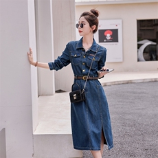2025欧货复古港风牛仔连衣裙女中长款春秋新款显瘦开叉裙子小个子，女装连衣裙，瑶迪