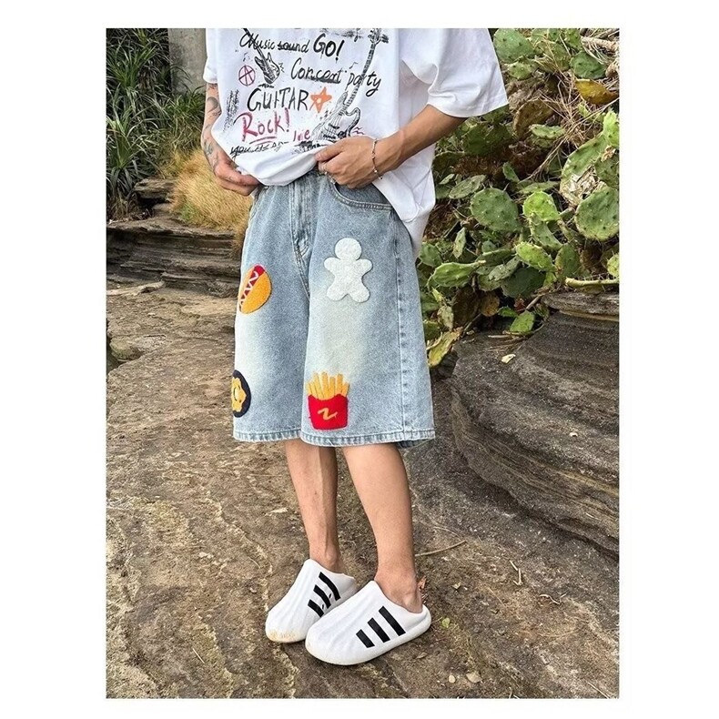 美式复古汉堡薯条毛巾绣牛仔短裤男夏季宽松高街阔腿五分裤ND100,男装牛仔裤,星座1116A（原606A-3）