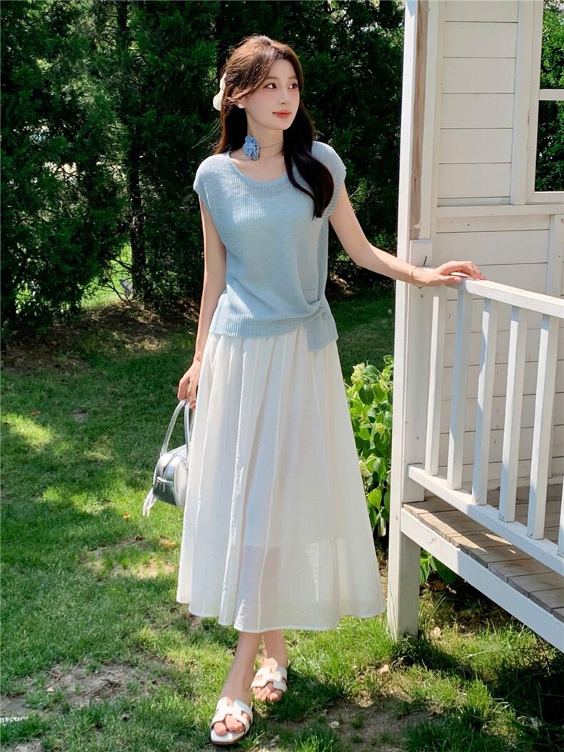 针织网纱半身裙女2026年夏季新款温柔慵懒风小个子韩版短袖两件套,女装套装/套裙,拾衣
