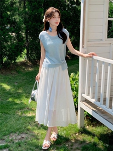 针织网纱半身裙女2026年夏季新款温柔慵懒风小个子韩版短袖两件套图片