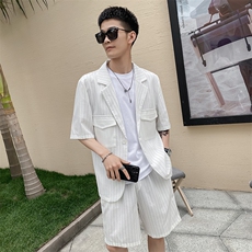 社会风秋纯色条纹宽松西装休闲两件套装B297-7712-P105控148，男装休闲套装，电商B297