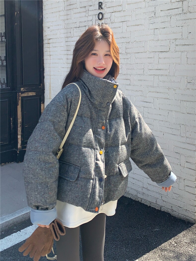 韩系灰色撞色短款羽绒服外套女冬2025新款设计保暖白鸭绒气质外套,女装羽绒服,艾米莉亚
