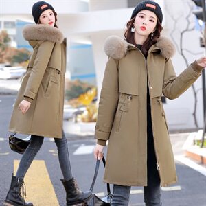 现货2024年冬季腰间可抽绳后背绣字母时尚派克服配高纺大毛领,女装派克服,采品优优