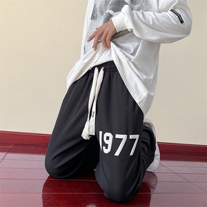 109-1-K97-P38 控48 华夫格发泡印花秋装宽松拖地休闲裤图片