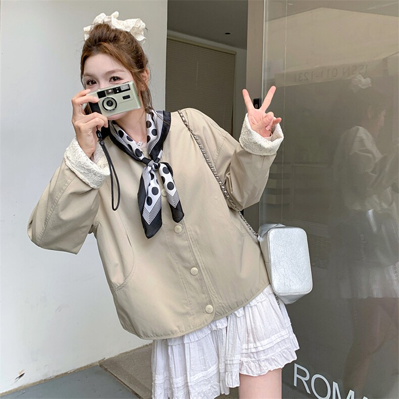 蕾丝拼接甜美卡其色短外套女春秋2025新款大方得体夹克上衣巨好看,女装短外套,2D080