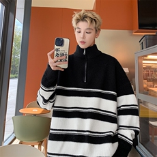 2025新款半拉链条纹高领毛衣男秋冬季男女生慵懒针织衫-控88，男装针织衫/毛衣，星座310A-3