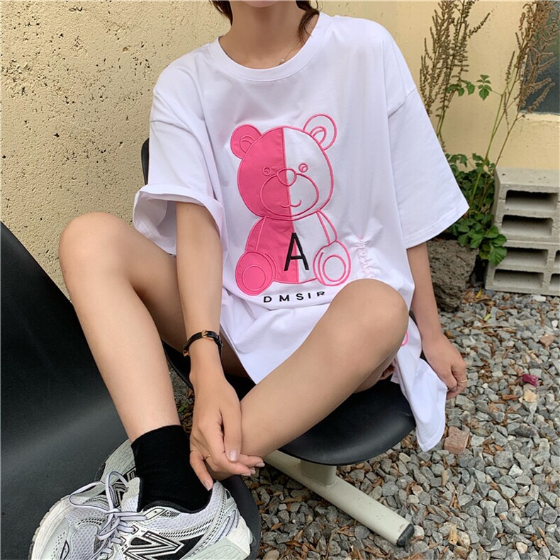 韩版新款宽松中长款设计感开叉抽绳小熊印花短袖T恤图片