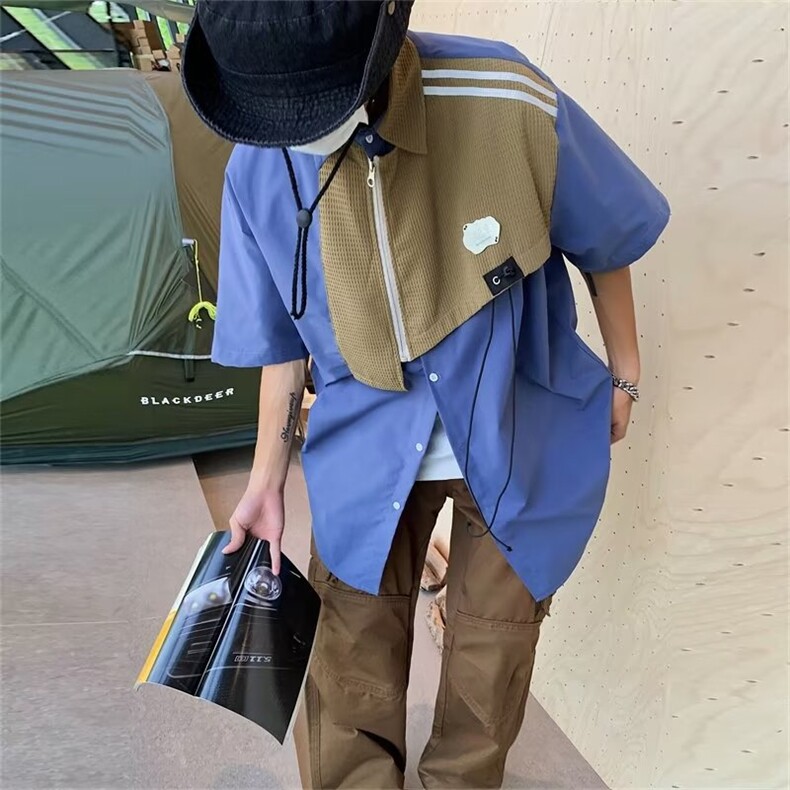 2023港风文艺纯色衬衫男春夏宽松潮流五分袖衬衣短袖T恤,男装衬衫,星座716-3