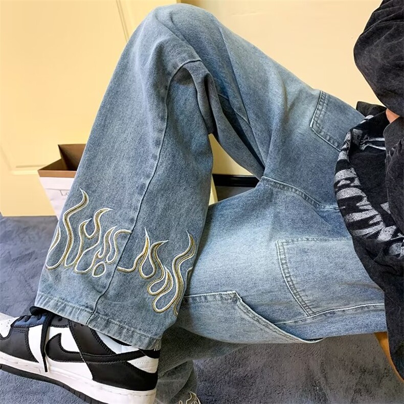 高街火焰刺绣牛仔裤男春潮季牌做旧宽松直筒休闲裤阔腿老爹裤,男装牛仔裤,星座410-7