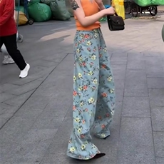 复古港风花朵印花阔腿牛仔裤女夏季新款高腰百搭碎花拖地裤长裤，男装牛仔裤，星座1210-1