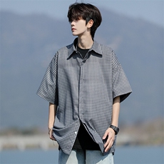 8XL-M短袖衬衫男夏宽松慵懒风痞帅条纹格子衫半袖外套DC28005P40，男装衬衫，电商B312