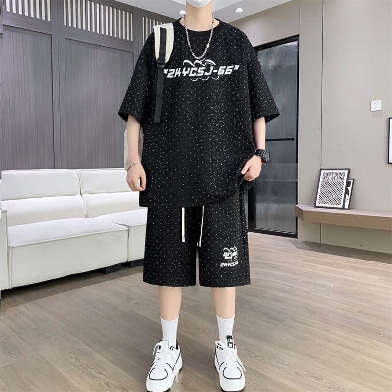 港风套装男宽松菠萝格满天星圆领短袖T恤短裤痞帅套装TZ6628-P50,男装牛仔裤,星座310B-3