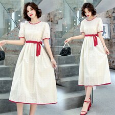 2021夏季新款时尚气质减龄撞色拼接圆领系带收腰显瘦修身连衣裙，女装连衣裙，艾尚靓装